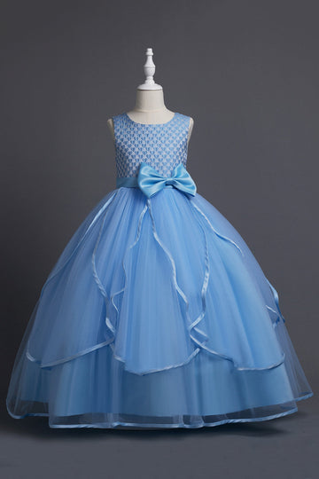 Blue Round Neck Tulle Long Girls Dress
